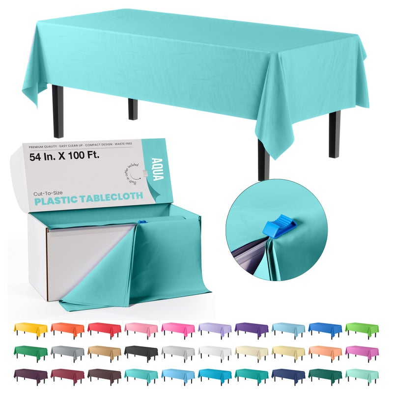 Party Solids Exquisite Party Solids 54 Inch X 100 Feet Aqua Plastic Table Cover Roll in A Cut  to  Size Box with Convenient Slide Cutter Cuts Up to 12 Rectangle 8 Feet Plastic Disposable Tablecloths