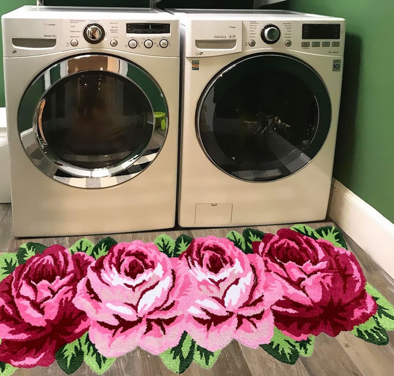 UKELER Laundry Room Rug 65x23.6 inch Pink Rose Flower Kitchen Runner Non-Slip, Shaggy Soft Flower Rugs for Girls Bedroom - Image 1