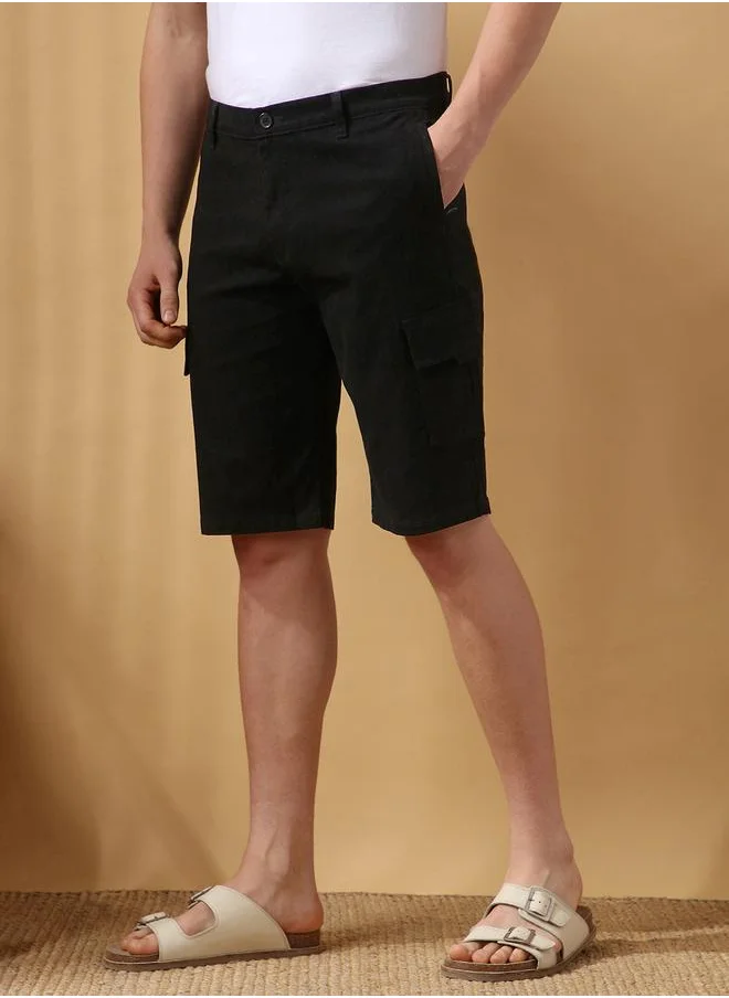 دينيس لينغو Black 98% Cotton 2 % Elastane Solid Pattern Regular Fit Shorts for Men Short Bottom Body Wear Cargo Button Closure Woven Weave Mid Rise Waist - Perfect for Lifestyle Occasions