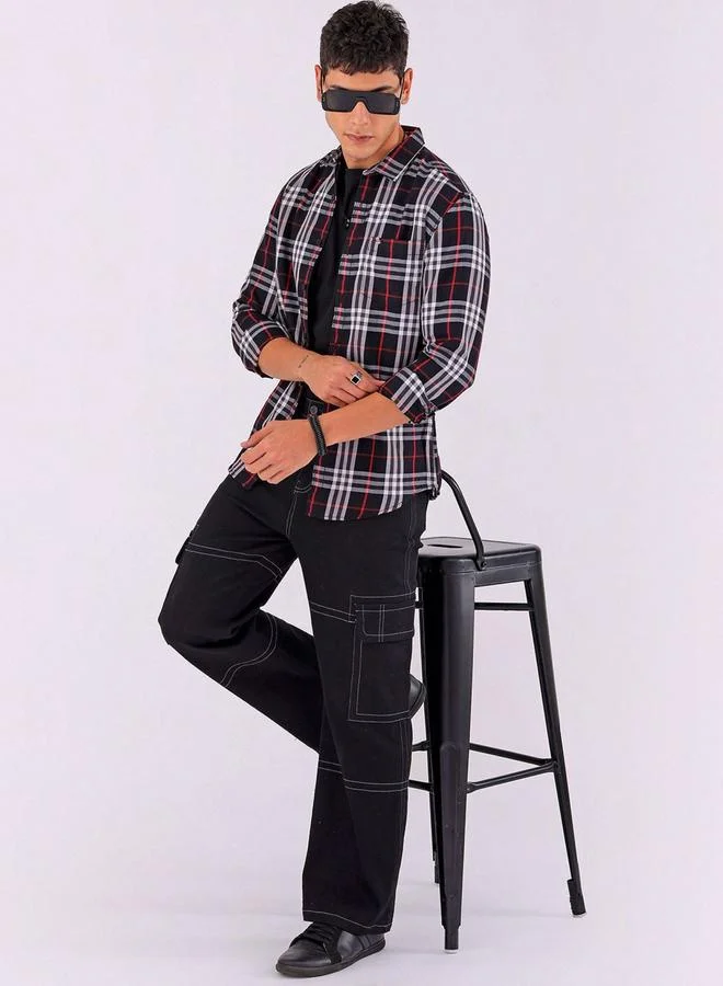 The Indian Garage Co The Indian Garage Co Men Black Checked Spread Collar Shirt