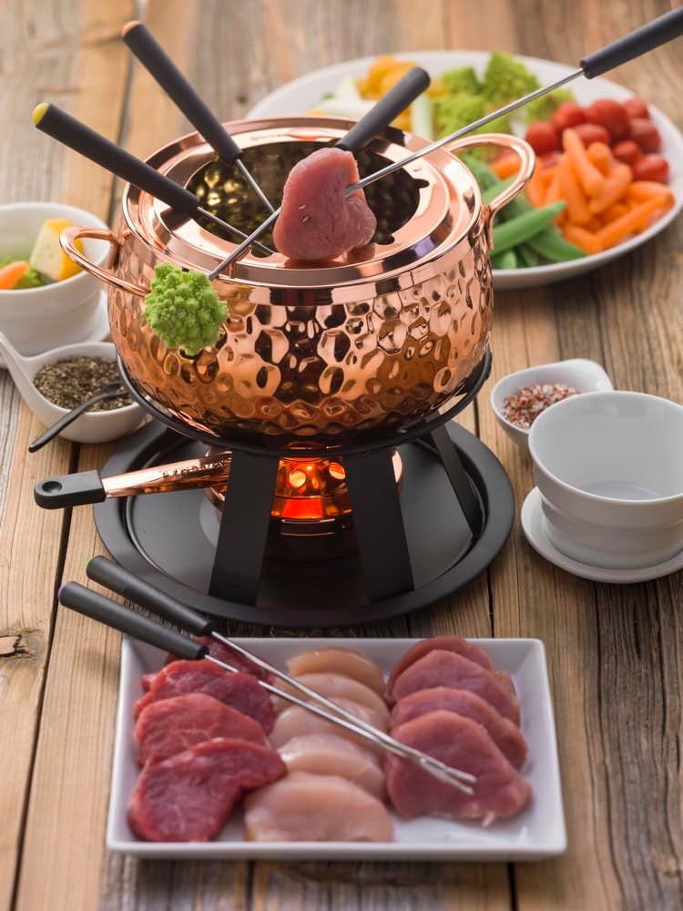 Swissmar Biel 11-Piece Copper-Plated Fondue Set – Hammered Finish – Ideal for Oil & Broth Cooking – Perfect for Entertaining, Kitchen Collections & Wedding Gifts – 2 Liter / 2.1 Quarts - Image 5