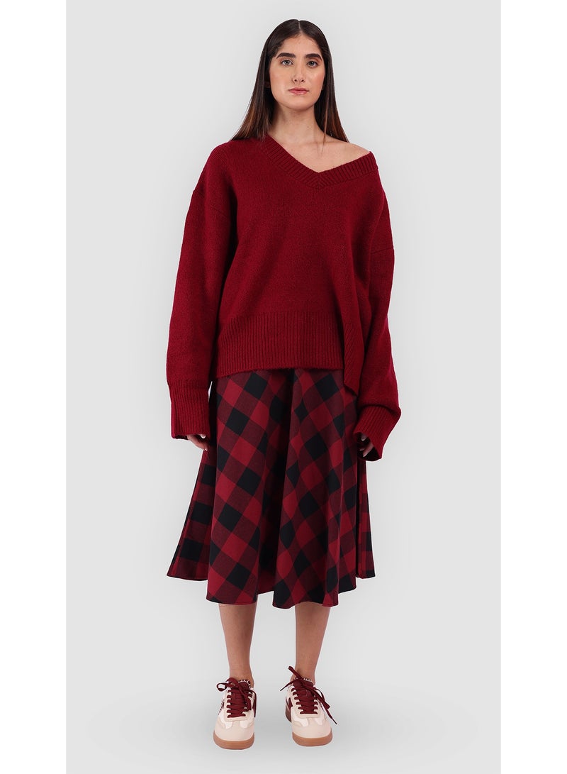 KYVELi Women Cozy V-Neck Knit Sweater- Burgandy - Image 2