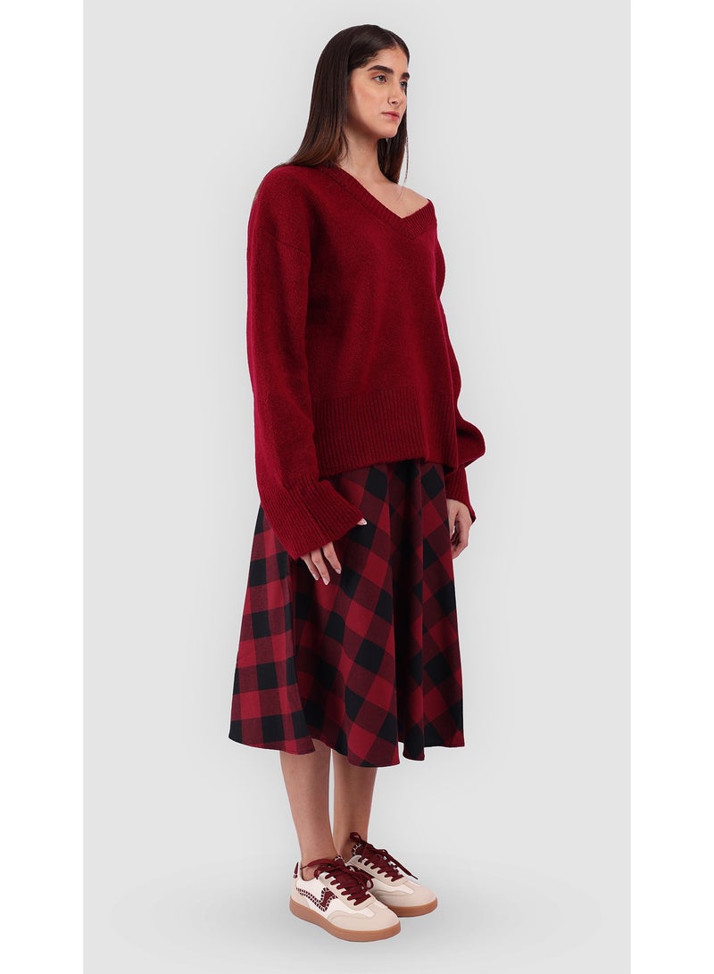 KYVELi Women Cozy V-Neck Knit Sweater- Burgandy - Image 3