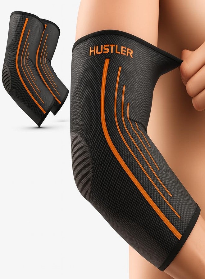 Hustler Elbow Support for Gym (1 Pair) - Tennis Elbow Support for Men Women | Elbow Compression Sleeves for Tendonitis Pain Relief, Tennis, Volleyball, Cricket (Orange, M) - Image 1