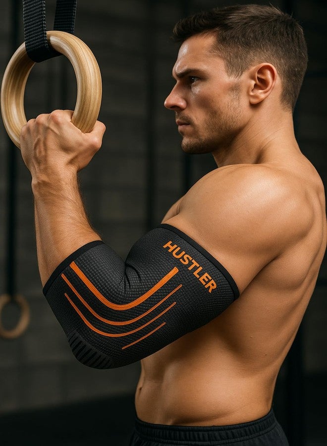 Hustler Elbow Support for Gym (1 Pair) - Tennis Elbow Support for Men Women | Elbow Compression Sleeves for Tendonitis Pain Relief, Tennis, Volleyball, Cricket (Orange, M) - Image 2