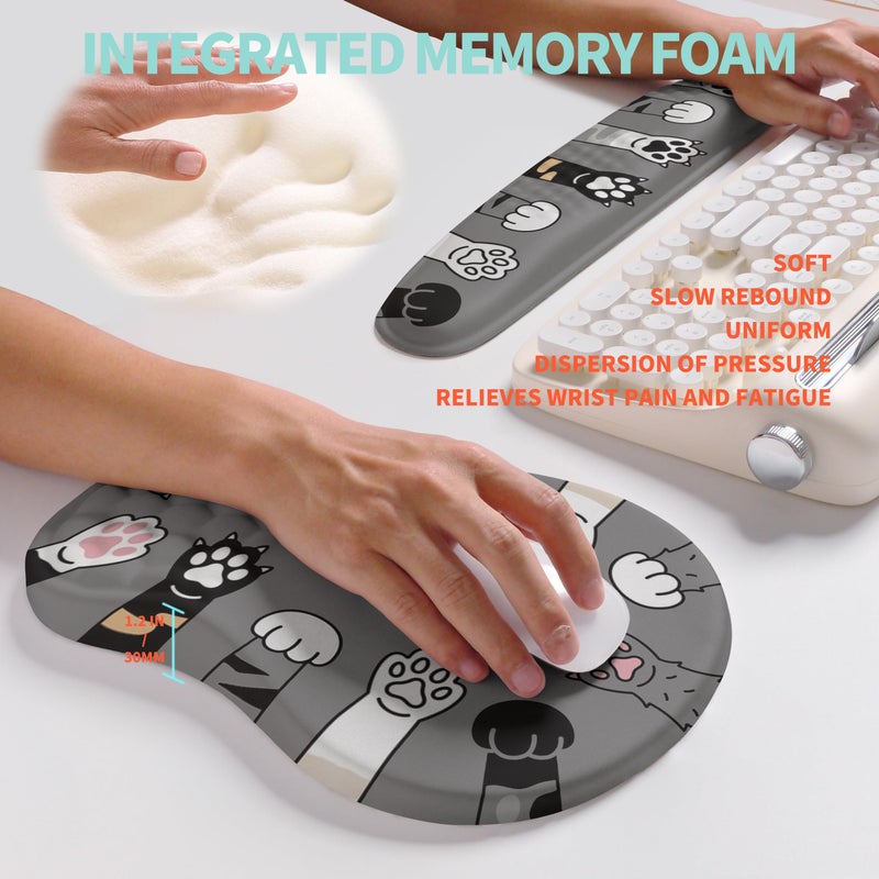KUOSGM 2-in-1 Ergonomic Set, Wave Rise Keyboard Wrist Rest and Massage Bulge Slope Mouse Pad Wrist Support, Cushion Memory Foam Integrated to Relieve Wrist Pain, Cute Cat Paws - Image 4