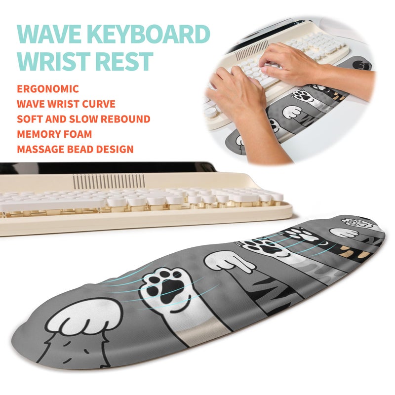 KUOSGM 2-in-1 Ergonomic Set, Wave Rise Keyboard Wrist Rest and Massage Bulge Slope Mouse Pad Wrist Support, Cushion Memory Foam Integrated to Relieve Wrist Pain, Cute Cat Paws - Image 2