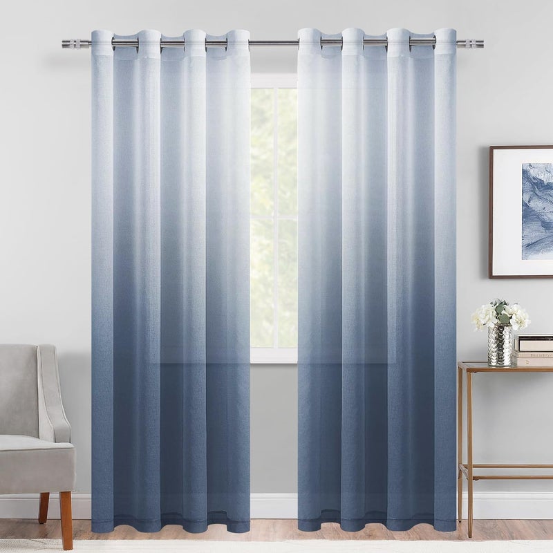DWCN Ombre Sheer Curtains  Faux Linen Gradient Grommet Top Semi Voile Drapes for Bedroom and Living Room Set of 2 Window Curtain Panels 52 x 96 Inches Long Denim Blue