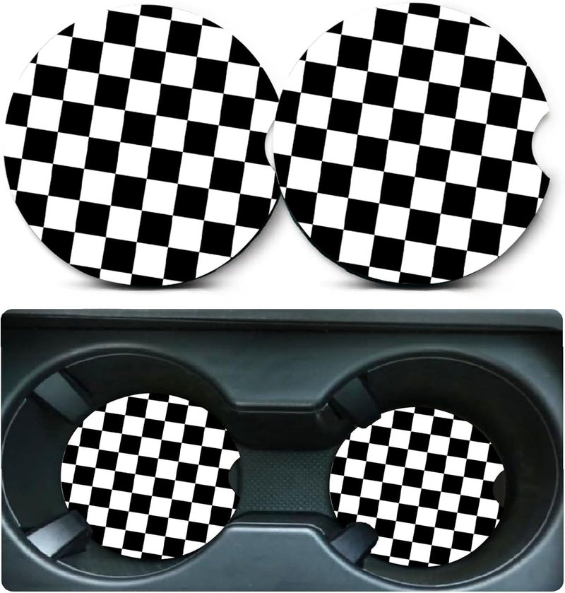 Ldntly Car Coasters for Cup Holders,2 Pack Black and White Lattice Car Coasters,2.75" Universal Size Anti Slip Rubber Mat,Automotive Cup Holder Decal Decor Accessories,Gifts for Women,Men,Mom - Image 1