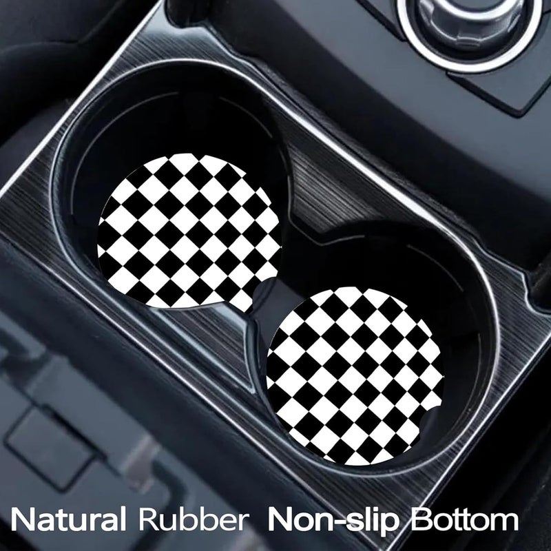 Ldntly Car Coasters for Cup Holders,2 Pack Black and White Lattice Car Coasters,2.75" Universal Size Anti Slip Rubber Mat,Automotive Cup Holder Decal Decor Accessories,Gifts for Women,Men,Mom - Image 2