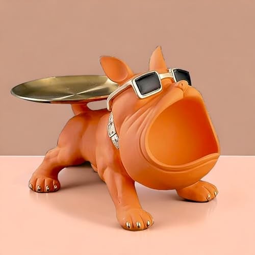 SkyKey Home Decor Bulldog Storage Butler Sculpture Showpiece for Living Room Tray and Bowl Decorative Statue for Gift, Home, Bedroom, Office Desk Storage for Keys, Jewellery, and Trinkets, Orange - Image 2