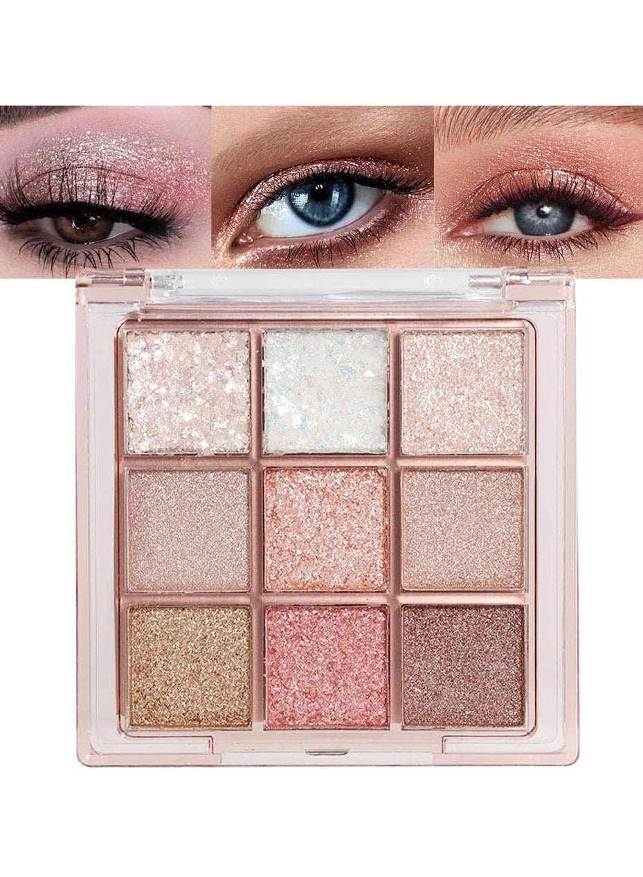9Colors Eye Shadow Palette Makeup,Pink White Purple Gold Glitter&Shimmer&Sparkle Eyeshadow Palette,Warm Pastel Sparkly Eyeshadow Palette Highly Pigmented Naturing-Looking Long Lasting Waterproof