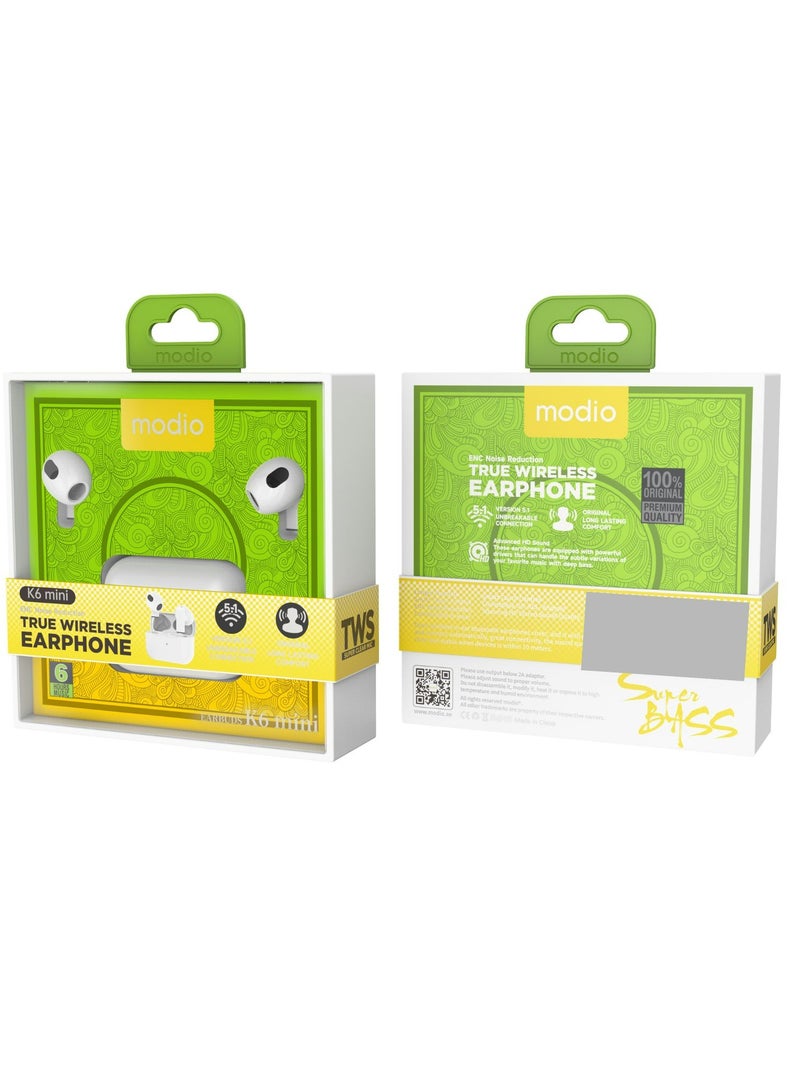 موديو سماعات أذن K6 Mini اللاسلكية الحقيقية - بيضاء، مريحة داخل الأذن، بلوتوث 5.1، تحكم باللمس، عزل للضوضاء، عمر بطارية طويل، تصميم محمول، صوت عالي الجودة للموسيقى والمكالمات - Image 4