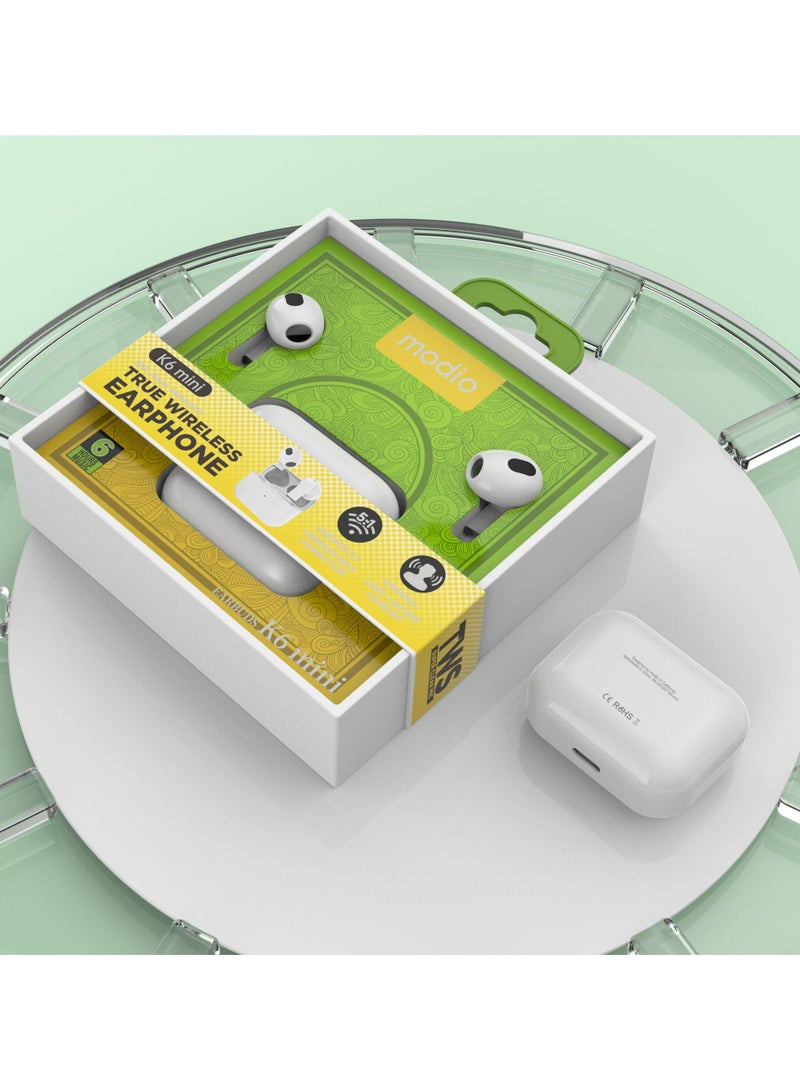 موديو سماعات أذن K6 Mini اللاسلكية الحقيقية - بيضاء، مريحة داخل الأذن، بلوتوث 5.1، تحكم باللمس، عزل للضوضاء، عمر بطارية طويل، تصميم محمول، صوت عالي الجودة للموسيقى والمكالمات - Image 3