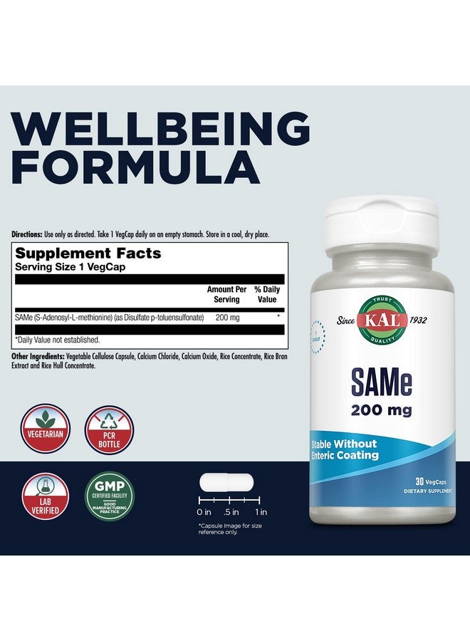 KAL Same 200mg (S-adenosyl-L-methionine), Nervous System, Wellbeing and Mood Support Supplement, Enhanced Absorption, No Enteric Coating Needed, Vegetarian, 60-Day Guarantee, 30 Serv, 30 VegCaps - Image 2