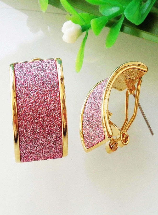 Navachi 18k Gold Plated Square Rainbow Pink Glitter Omega Back Az1452e Earrings - Image 4