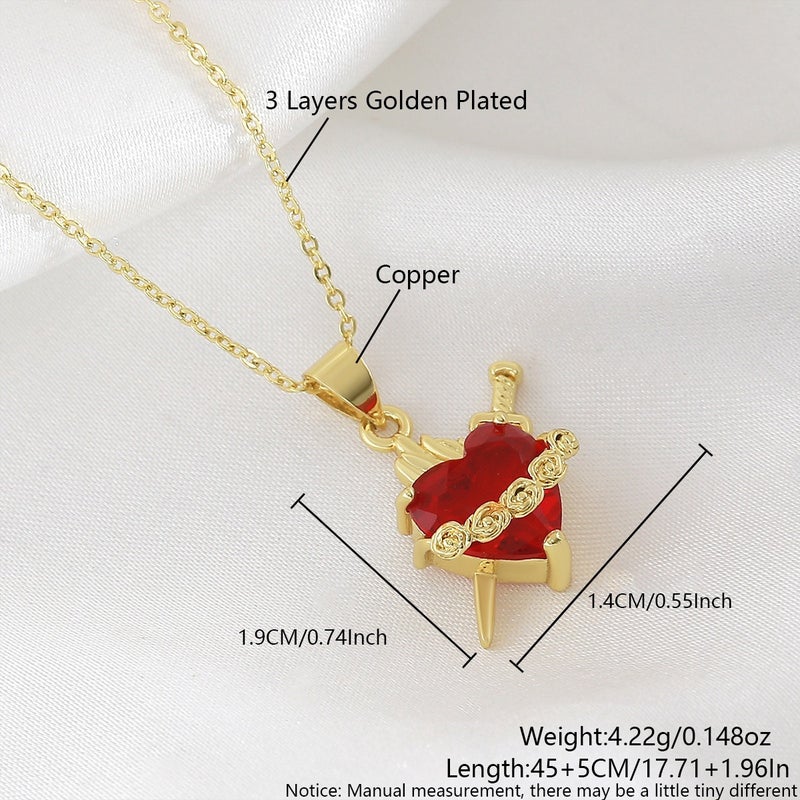 Red Heart Zircon Cross Crown Pendant Necklace for Women, Copper Gold Plated, Fashion Choker Chain - 1.9*1.4cm Gold Plated Red Heart NAC07-10