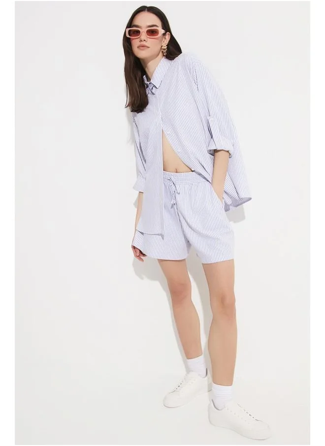 JUNE June Striped Cotton Shirt & Short Set Blue