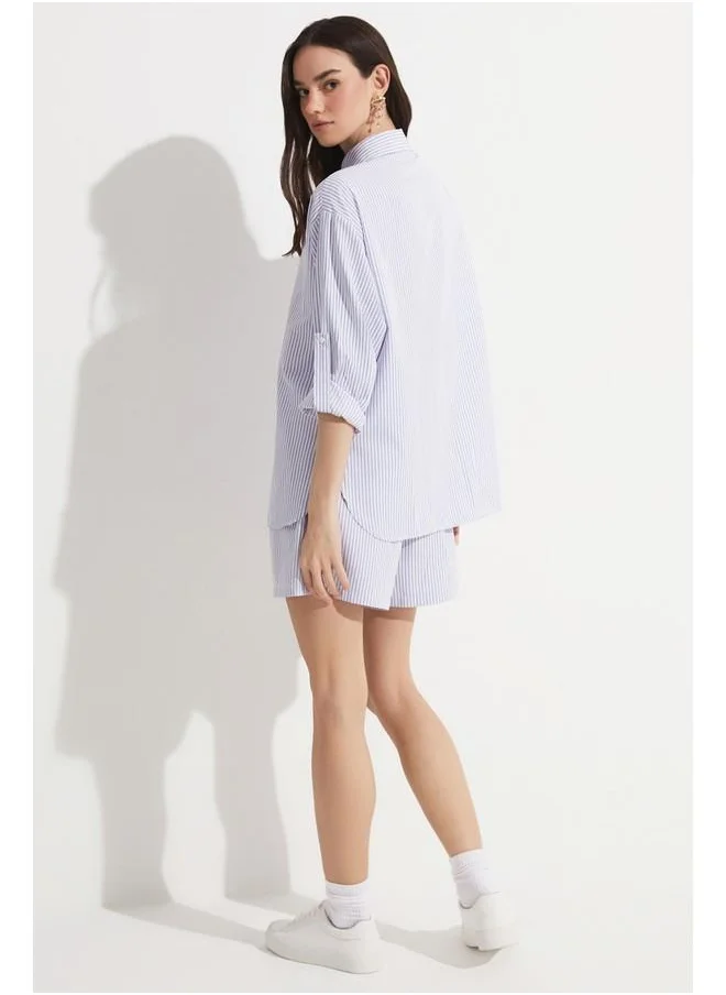 JUNE June Striped Cotton Shirt & Short Set Blue