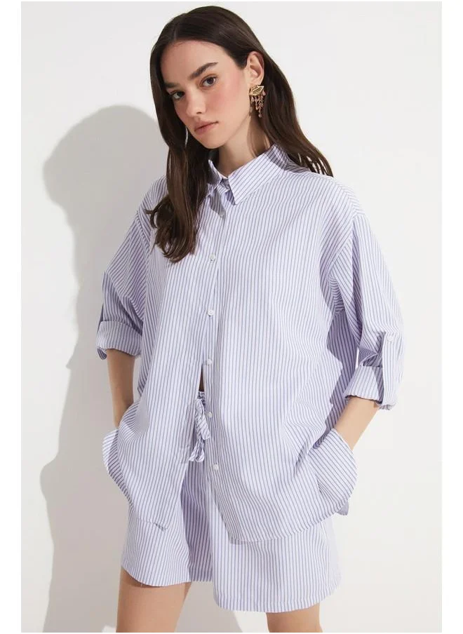 JUNE June Striped Cotton Shirt & Short Set Blue