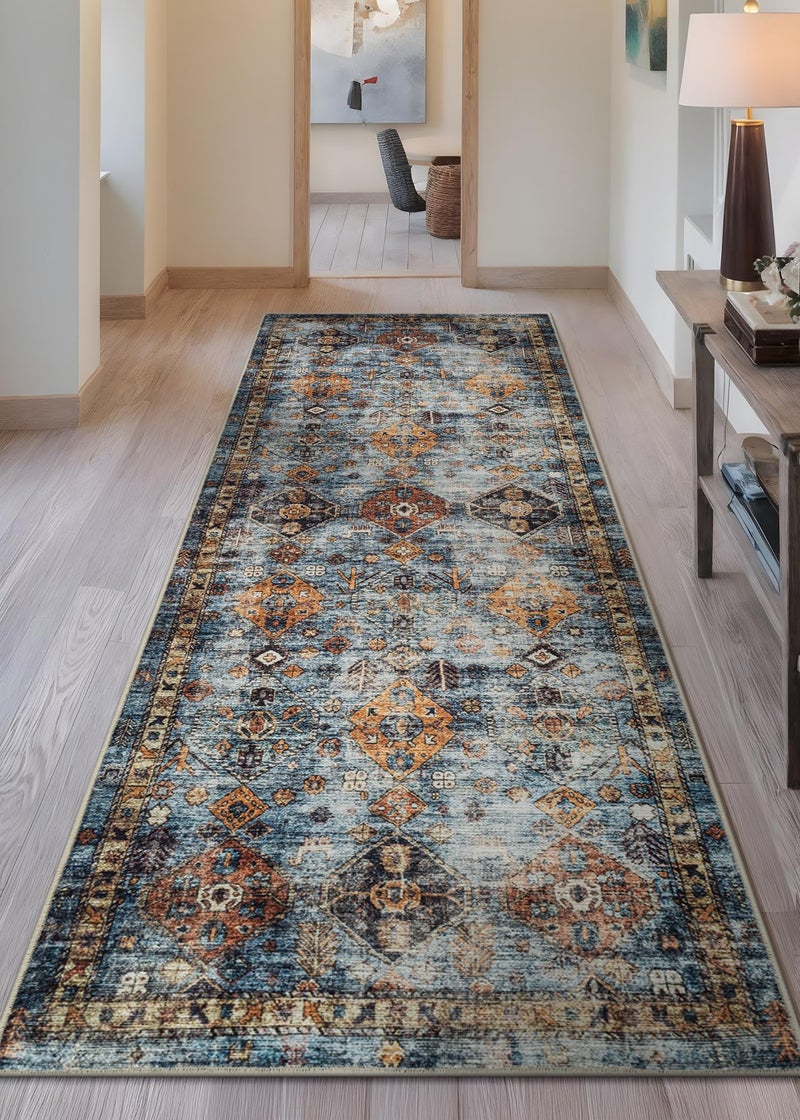 Bloom Rugs Washable Non-Slip 7 ft Runner - Blue/Orange Traditional Bordered Runner for Entryway, Hallway, Bathroom, and Kitchen - Exact Size: 2.5' x 7' - Image 2