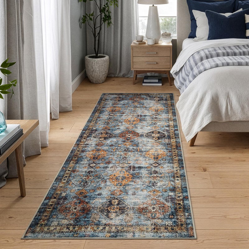 Bloom Rugs Washable Non-Slip 7 ft Runner - Blue/Orange Traditional Bordered Runner for Entryway, Hallway, Bathroom, and Kitchen - Exact Size: 2.5' x 7' - Image 3