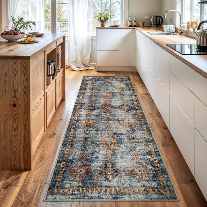 Bloom Rugs Washable Non-Slip 7 ft Runner - Blue/Orange Traditional Bordered Runner for Entryway, Hallway, Bathroom, and Kitchen - Exact Size: 2.5' x 7' - Image 1