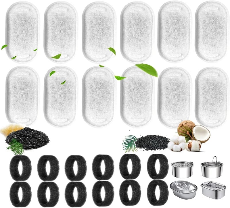 Fejytor 24PCS Cat Water Fountain Filters, Cat Fountain Filter Replacement for 108oz/3.2L & 67oz/2L Stainless Steel Cat Water Fountain, Pet Fountain Activated Carbon Replaced Filter(12Filter+12Sponge) - Image 1