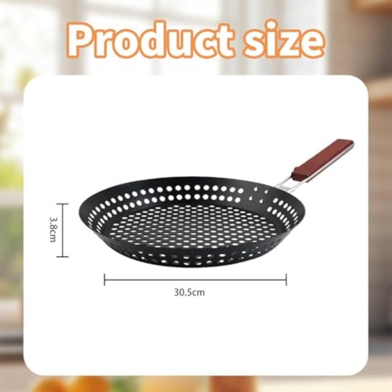 Barbecue Skillet for outdoor cooking and grilling, non-stick black perforated 12in grill frying pan with foldable wooden handle - Image 2