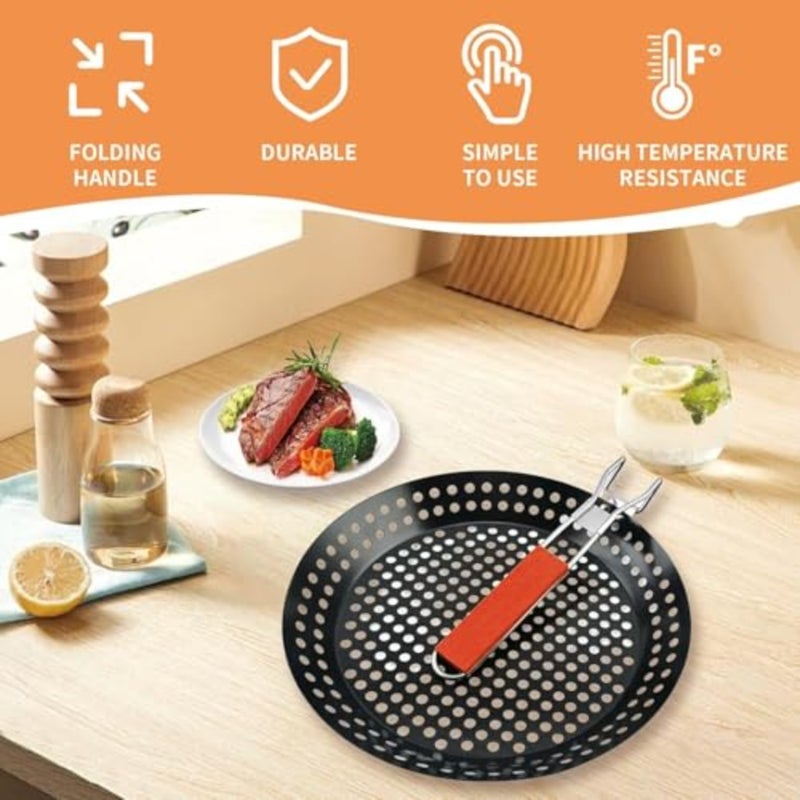 Barbecue Skillet for outdoor cooking and grilling, non-stick black perforated 12in grill frying pan with foldable wooden handle - Image 3
