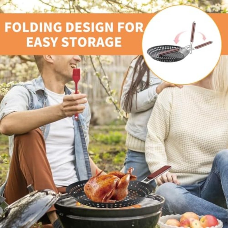Barbecue Skillet for outdoor cooking and grilling, non-stick black perforated 12in grill frying pan with foldable wooden handle - Image 5