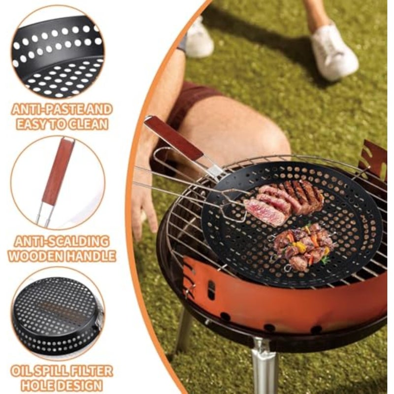 Barbecue Skillet for outdoor cooking and grilling, non-stick black perforated 12in grill frying pan with foldable wooden handle - Image 4