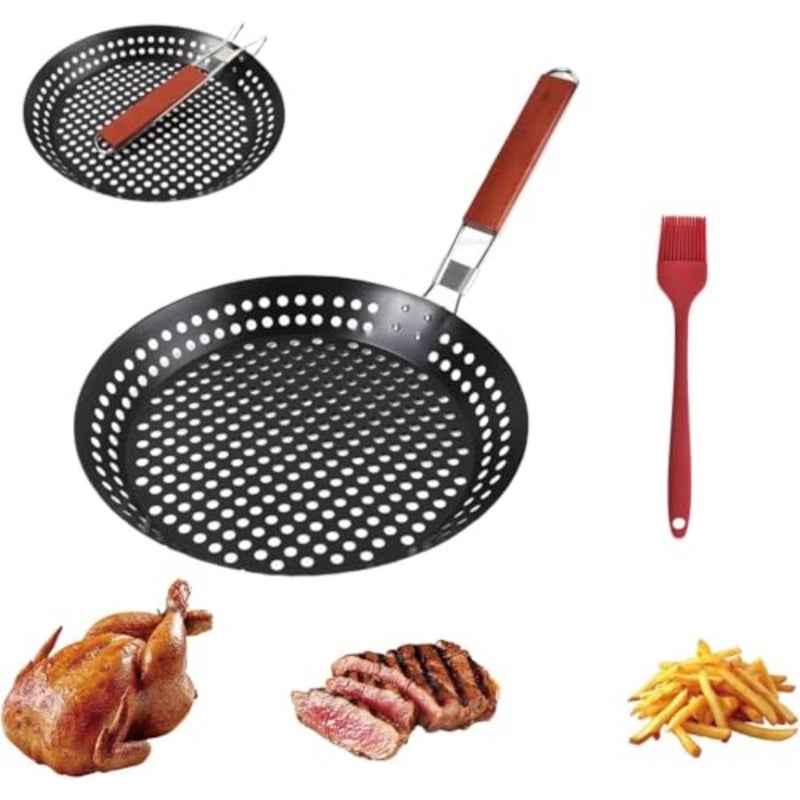 Barbecue Skillet for outdoor cooking and grilling, non-stick black perforated 12in grill frying pan with foldable wooden handle - Image 1
