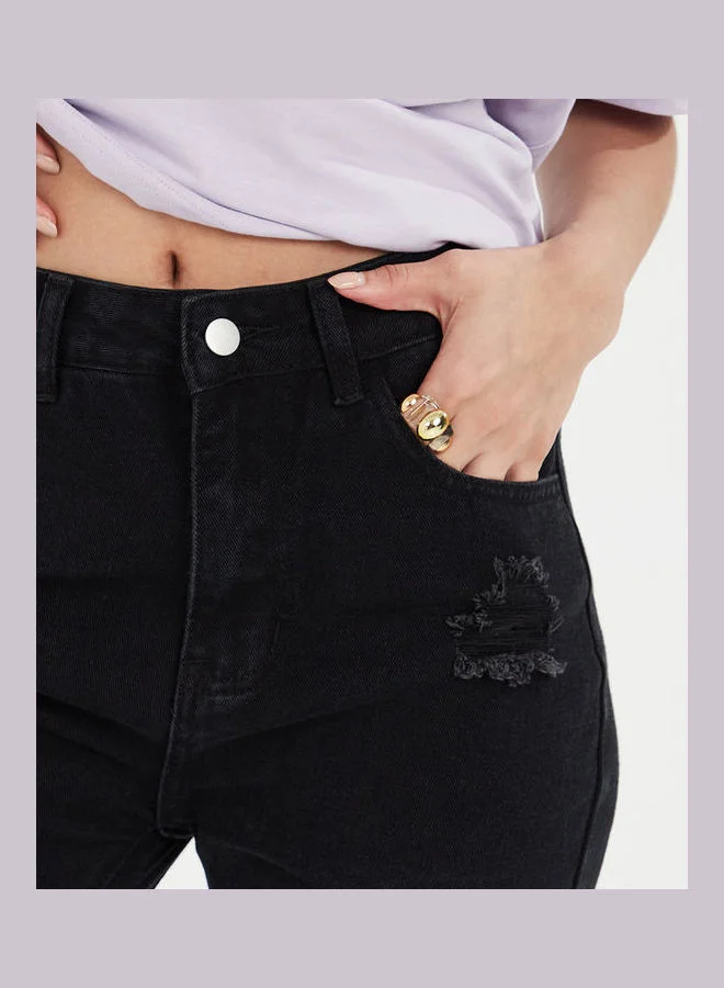 Styli High Rise Raw Edge Straight Fit Jeans with Distress Detail