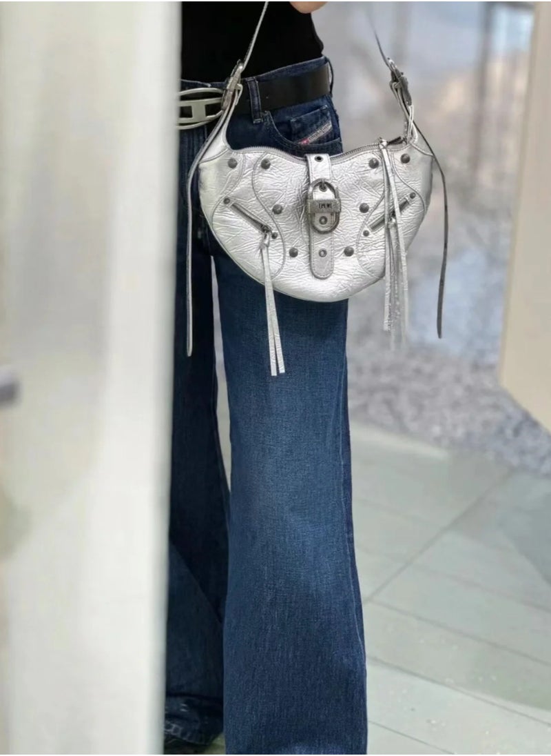 jp JW PEI  Shiny Croissant Bag Large Capacity Motorcycle Shoulder Crossbody Underarm Bag  - Image 2