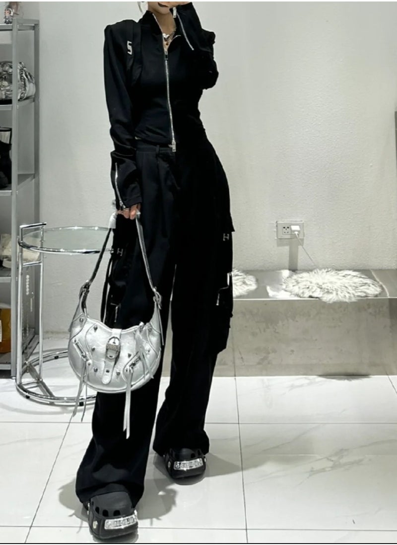 jp JW PEI  Shiny Croissant Bag Large Capacity Motorcycle Shoulder Crossbody Underarm Bag  - Image 3