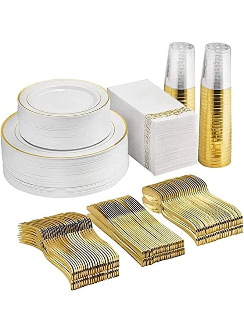 AIWANTO 175 Piece Dinnerware Set - 50 Guest Lace Design Plastic Plates, 25 Plastic Silverware, 25 Gold Cups, 25 Linen Like Gold Napkins, 25 Guest Disposable Dinnerware Set - Image 1