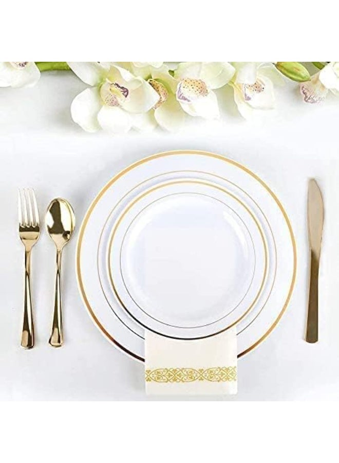 AIWANTO 175 Piece Dinnerware Set - 50 Guest Lace Design Plastic Plates, 25 Plastic Silverware, 25 Gold Cups, 25 Linen Like Gold Napkins, 25 Guest Disposable Dinnerware Set - Image 4