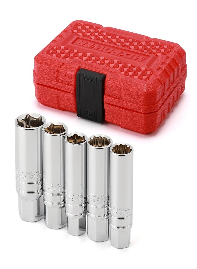 MIXPOWER مجموعة مقابس شمعات الإشعال المغناطيسية MIXPOWER، 5 قطع، مقاس 3/8 بوصة، CR-V، 14 مم، 16 مم، 5/8 بوصة، 3/4 بوصة و13/16 بوصة، 6 نقاط و12 نقطة - Image 1