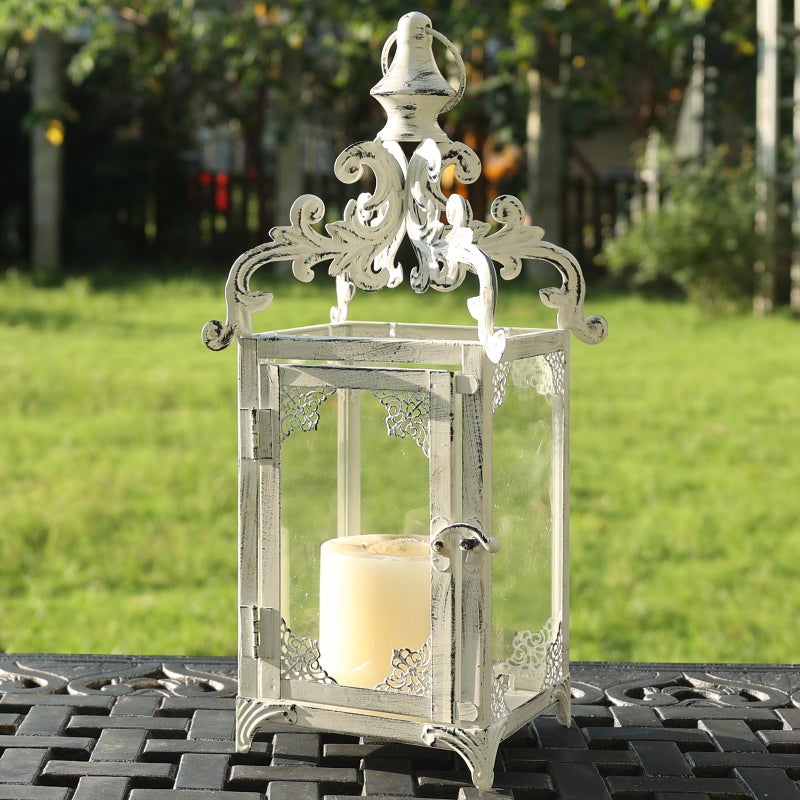 NEEDOMO Lanterns Decorative Indoor 16 White Hanging Lantern Decor Outdoor Vintage Metal Large Candle Lantern for Patio Front Porch Table Home Decor Candle Holder with Clear Glass