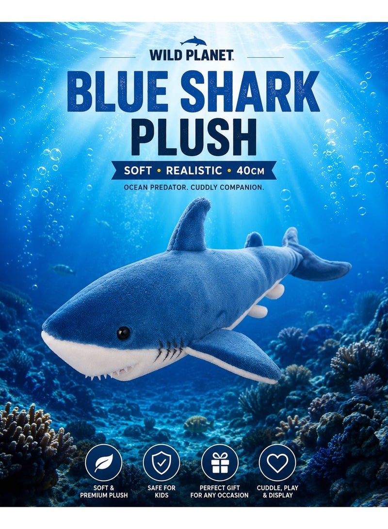 Wild Planet Blue Shark Plush Toy 40cm Realistic Ocean Shark Stuffed Animal Soft Marine Predator Plush Doll for Kids Boys Girls Ocean Animal Lovers Cuddly Educational Sea Creature Gift Bedroom Decor Collectible Toy - Image 1