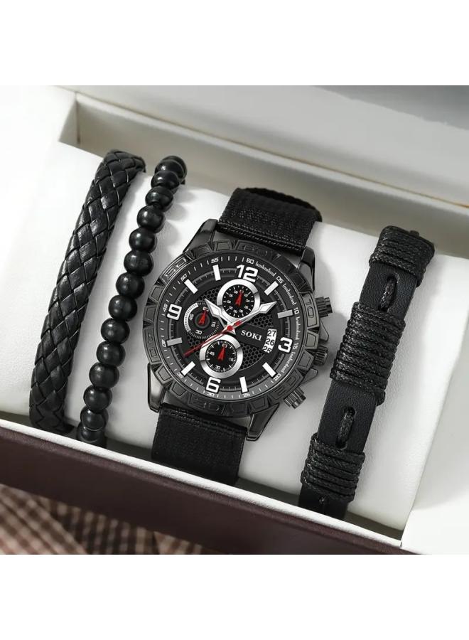 4 Pcs/set Men's New Watch Set Cool Fake Three-eye Quartz Watch + All-match Beaded Woven Bracelet 