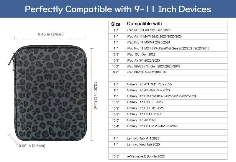 Dadanism 9-11 Inch Tablet Sleeve Bag Carrying Case for iPad (A16) 11th Gen 11", iPad 10th Gen 10.9" Air 5/4, i-Pad Air/Pro 11", i-Pad 9/8/7th, Galaxy Tab A9+ Plus 11", reMarkable 2 10.3",Leopard Black - Image 2