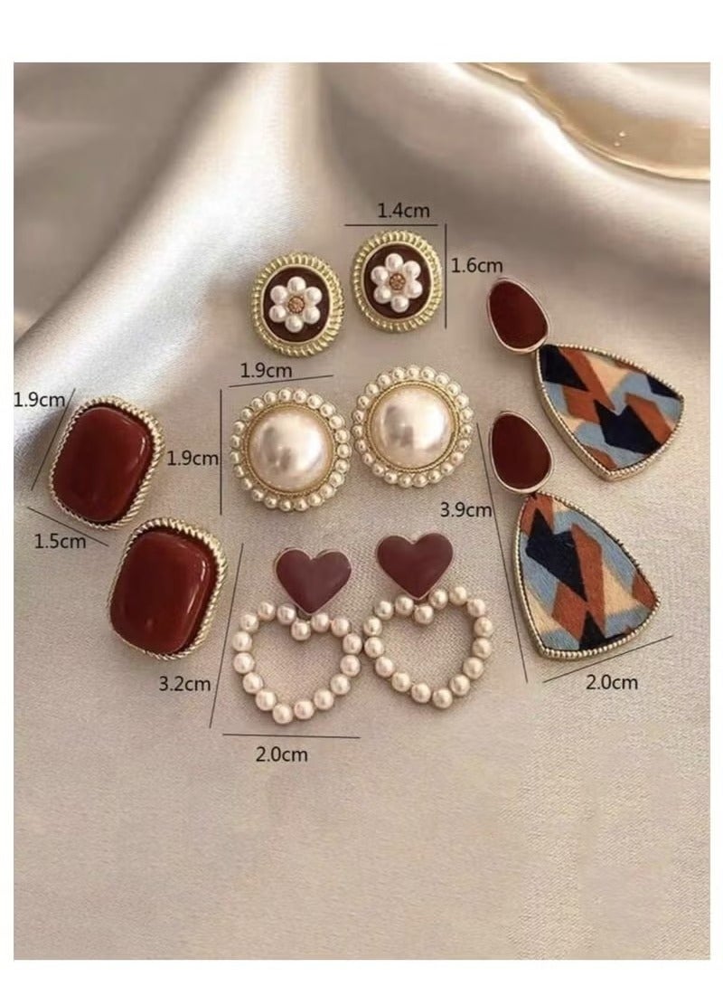 10pcs Simple Vintage Pearl Flower Hollow Heart Two-tone Earrings Set Luxury Unique - Image 2