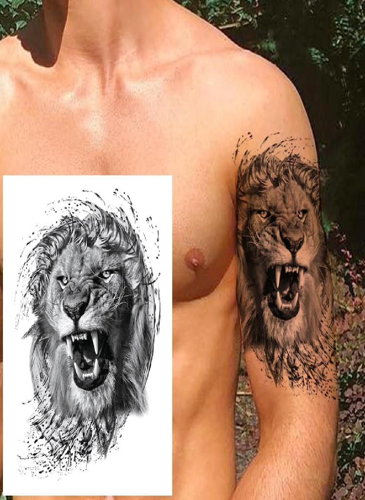 Compass Lion Temporary Tattoo For Men Women Adult Geometry Wolf Moon Tattoos Sticker Devil Animal Flower Fake Black Tatoos Back
