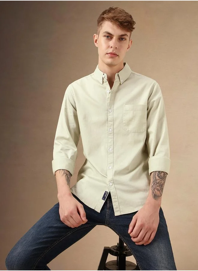 دينيس لينغو Relaxed Fit Green Cotton Casual Shirt Regular Collar