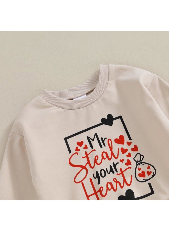 Okbabeha Baby Boy Valentine's Day Outfit Mr Steal Your Heart Long Sleeve Sweatshirt Jogger Newborn Toddler Boys Clothes Set (Mr steal your heart-Apricot, 12-18 Months) - Image 4