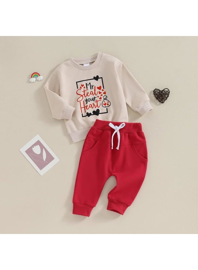 Okbabeha Baby Boy Valentine's Day Outfit Mr Steal Your Heart Long Sleeve Sweatshirt Jogger Newborn Toddler Boys Clothes Set (Mr steal your heart-Apricot, 12-18 Months) - Image 2