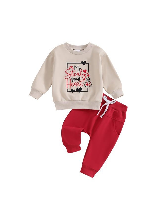 Okbabeha Baby Boy Valentine's Day Outfit Mr Steal Your Heart Long Sleeve Sweatshirt Jogger Newborn Toddler Boys Clothes Set (Mr steal your heart-Apricot, 12-18 Months) - Image 1