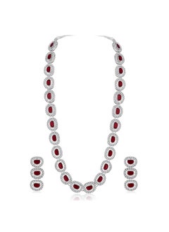 PEORA Peora Silver Plated Maroon Cubic Zirconia & Synthetic Stone Studded Necklace Drop Earrings Set Stylish Fashion Jewellery for Women & Girls  - Image 1